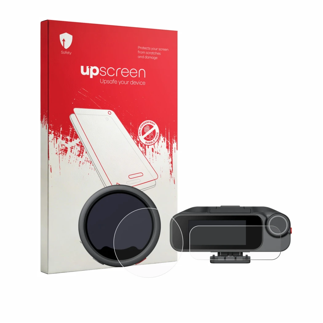 Parte frontal de un envase de producto con el logotipo de la marca upscreen. Al lado se muestra el dispositivo Insta360 Mic Pr