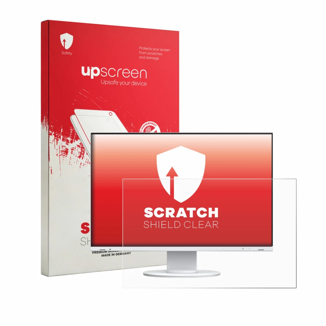 Parte frontal de un envase de producto con el logotipo de la marca upscreen. Al lado se muestra el dispositivo Eizo Flexscan E