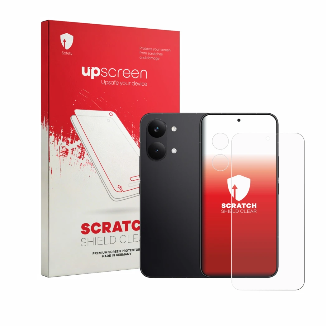 Parte frontal de un envase de producto con el logotipo de la marca upscreen. Al lado se muestra el dispositivo Xiaomi Poco X8 