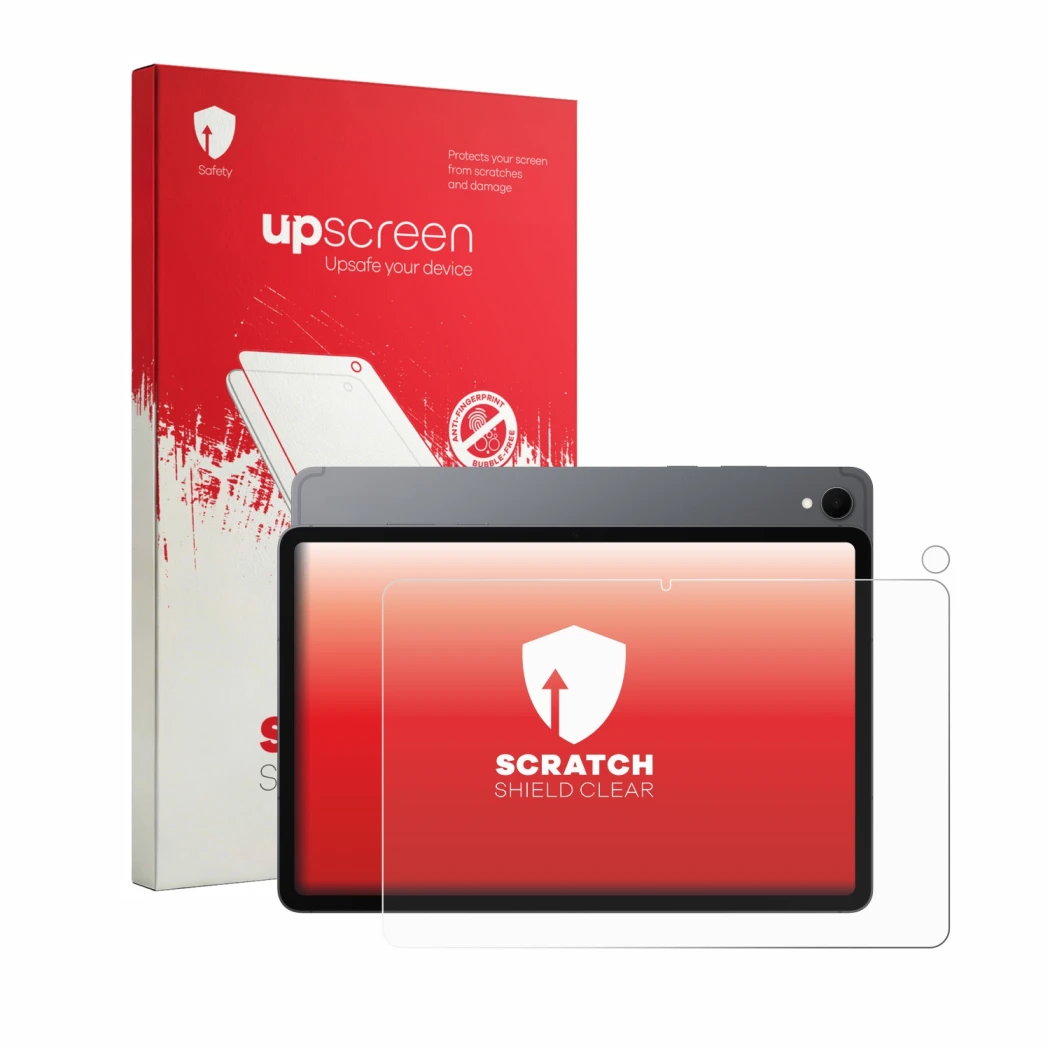 Parte frontal de un envase de producto con el logotipo de la marca upscreen. Al lado se muestra el dispositivo Samsung Galaxy