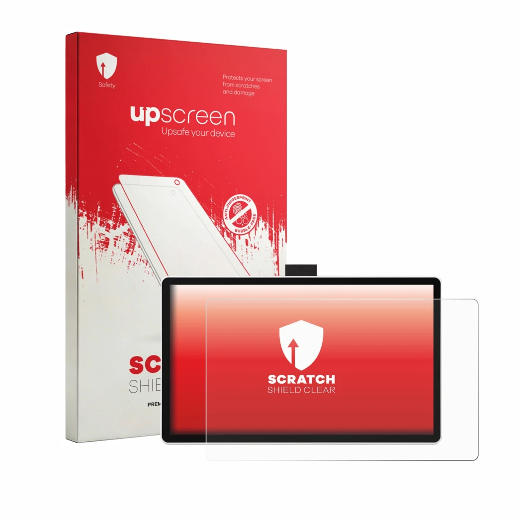 Parte frontal de un envase de producto con el logotipo de la marca upscreen. Al lado se muestra el dispositivo Wacom One 14 co