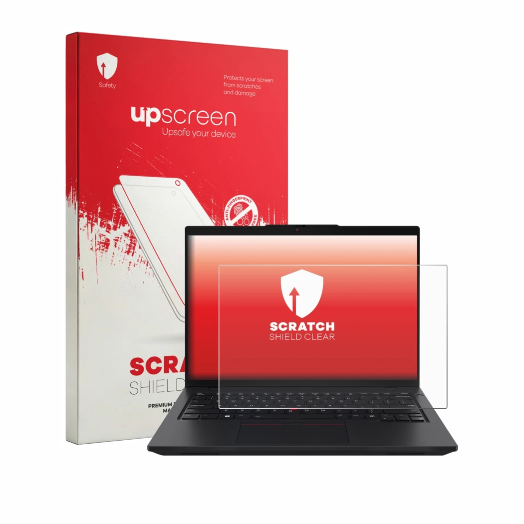 Parte frontal de un envase de producto con el logotipo de la marca upscreen. Al lado se muestra el dispositivo Lenovo ThinkPad