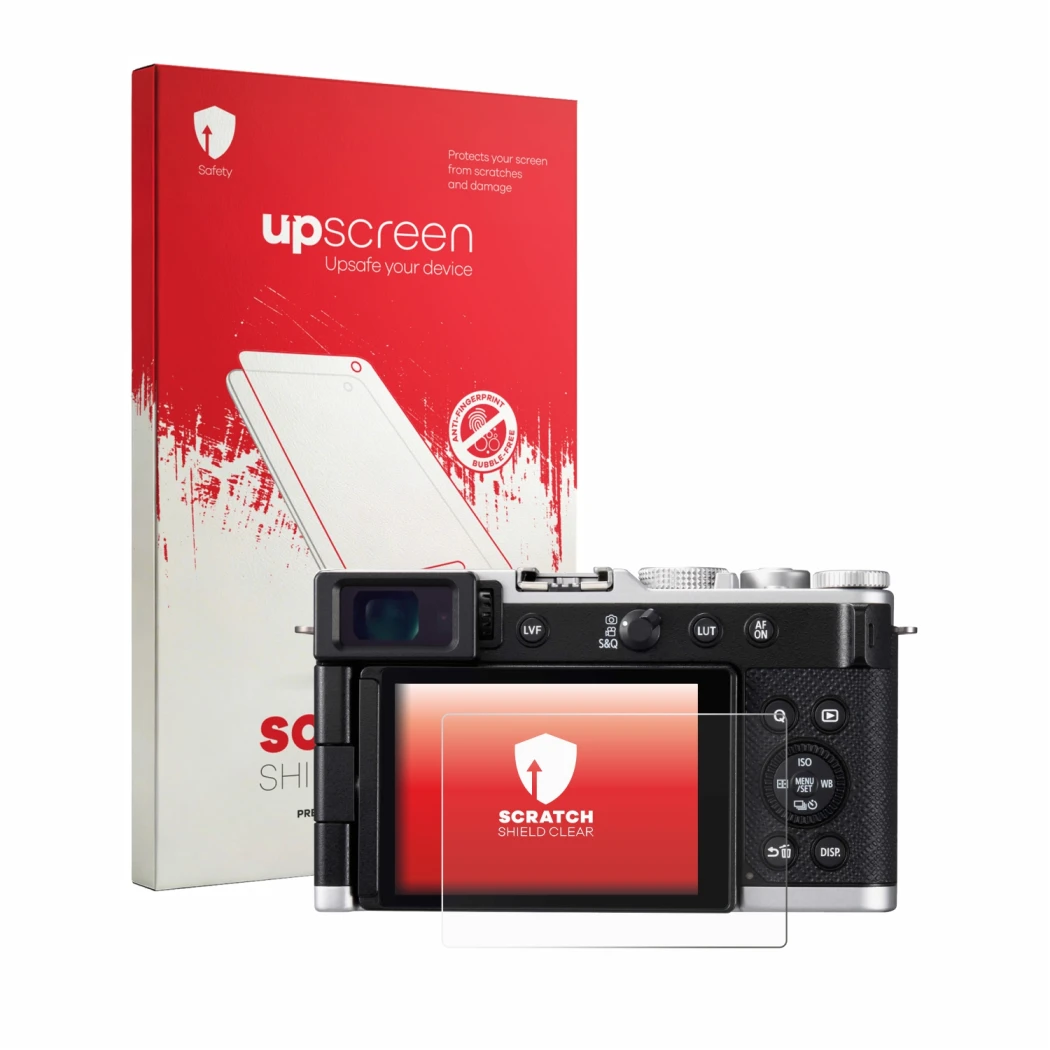 Parte frontal de un envase de producto con el logotipo de la marca upscreen. Al lado se muestra el dispositivo Panasonic Lumix