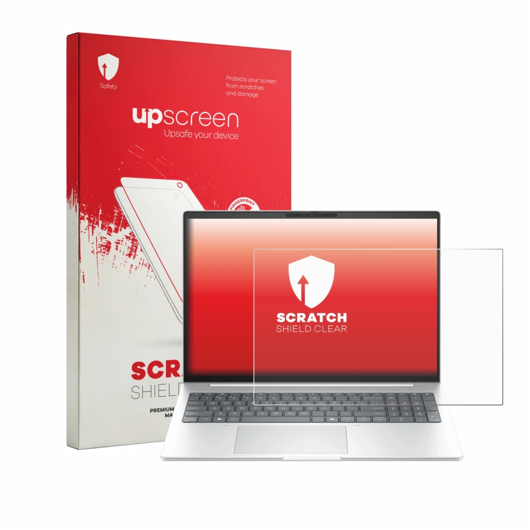 Parte frontal de un envase de producto con el logotipo de la marca upscreen. Al lado se muestra el dispositivo HP EliteBook 8 