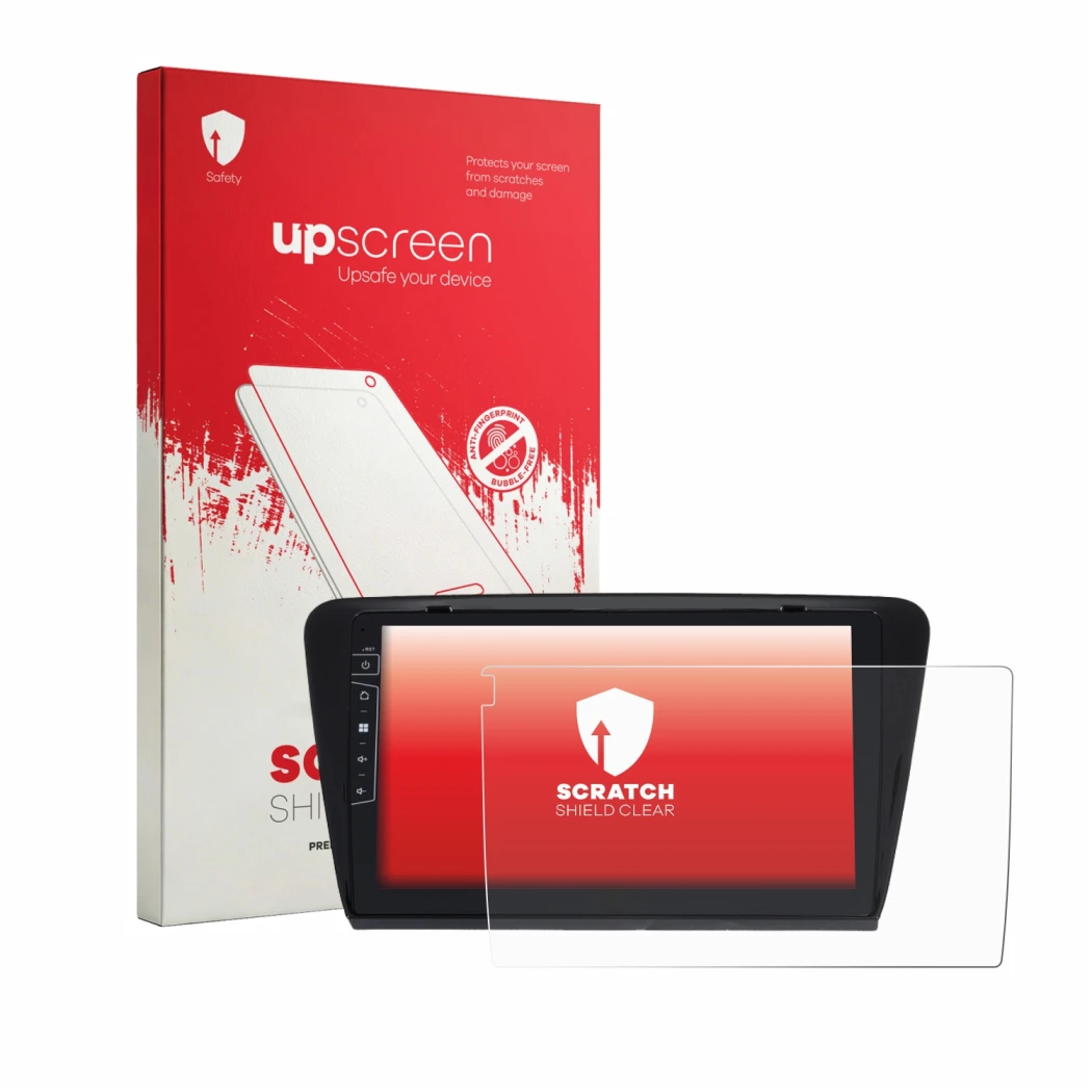 Parte frontal de un envase de producto con el logotipo de la marca upscreen. Al lado se muestra el dispositivo Dynavin D9-7 Pr