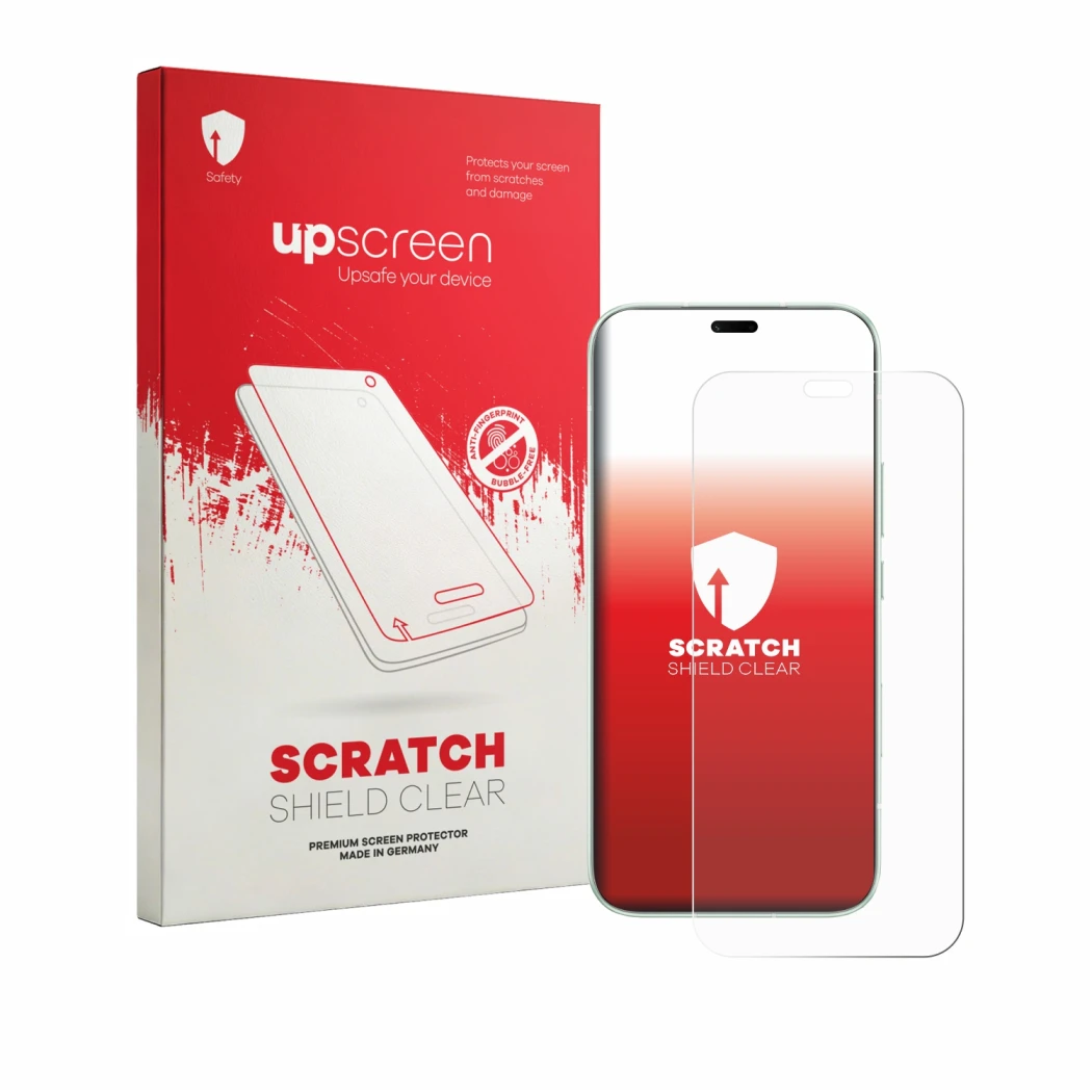 Parte frontal de un envase de producto con el logotipo de la marca upscreen. Al lado se muestra el dispositivo Honor 600e con 
