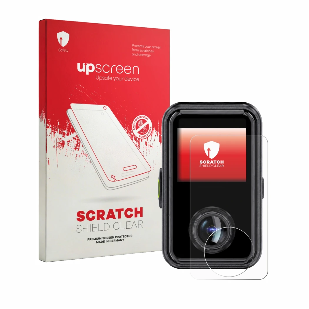 Parte frontal de un envase de producto con el logotipo de la marca upscreen. Al lado se muestra el dispositivo Vantrue E360 Ac