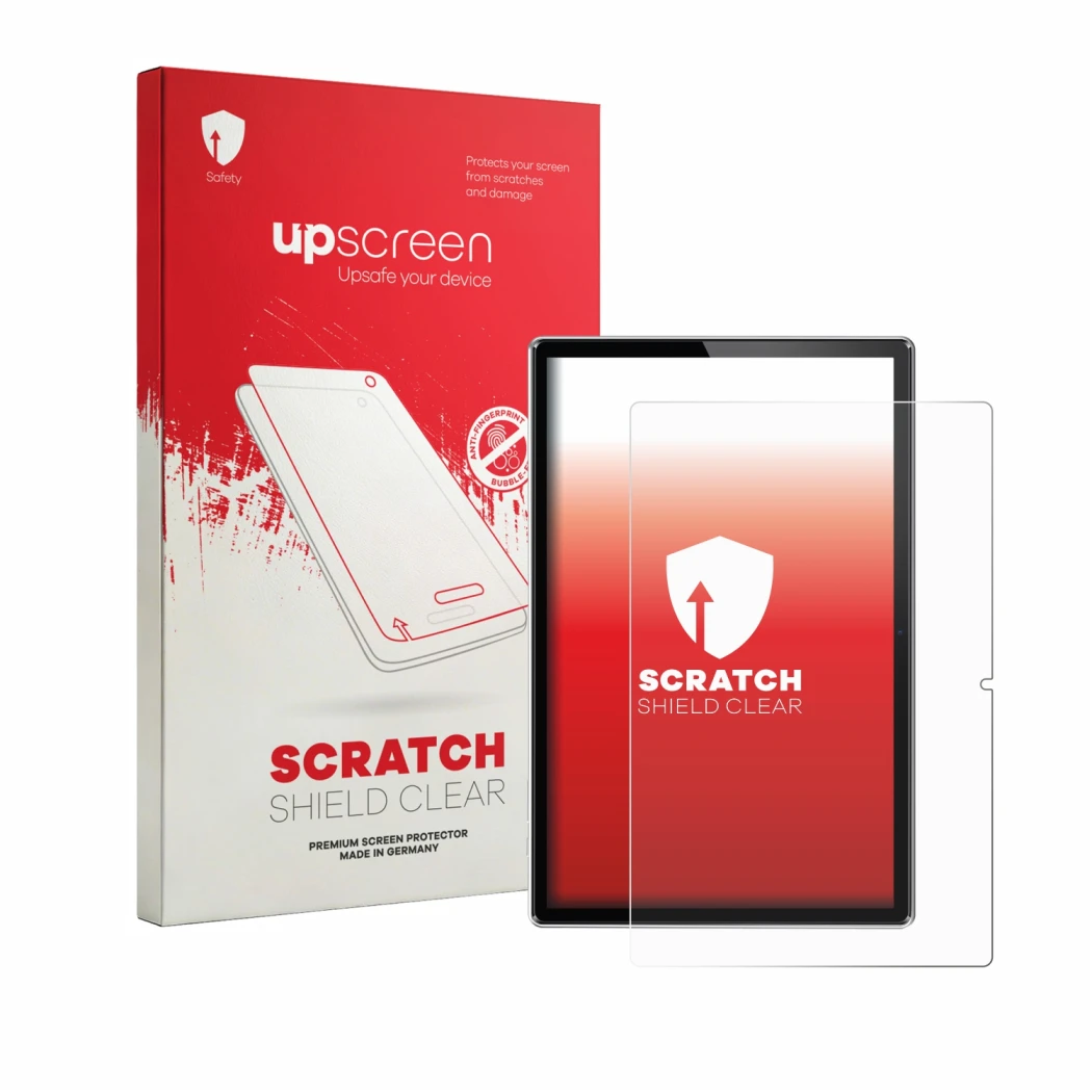 Parte frontal de un envase de producto con el logotipo de la marca upscreen. Al lado se muestra el dispositivo Simplori T18 co