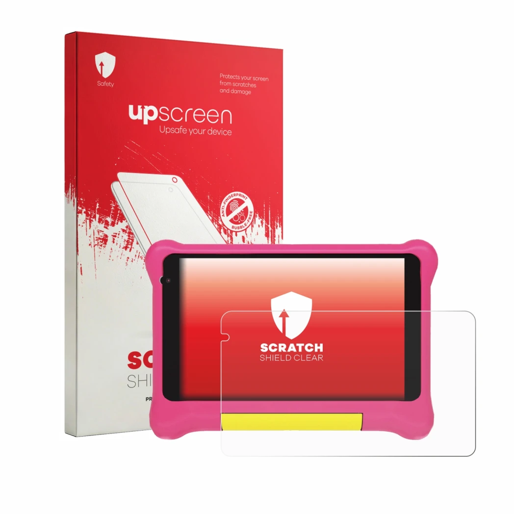 Parte frontal de un envase de producto con el logotipo de la marca upscreen. Al lado se muestra el dispositivo Laptok LPK707PK