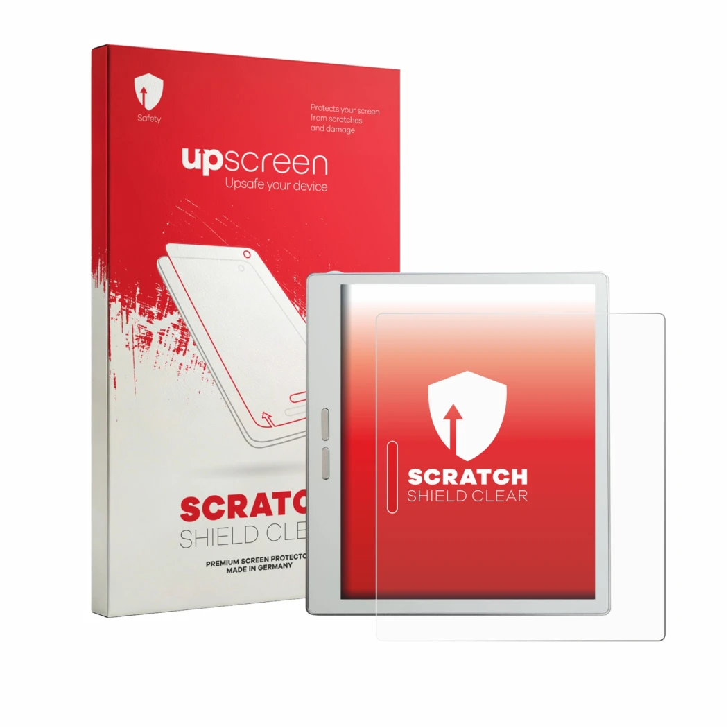 Parte frontal de un envase de producto con el logotipo de la marca upscreen. Al lado se muestra el dispositivo Bigme B7 Pro co