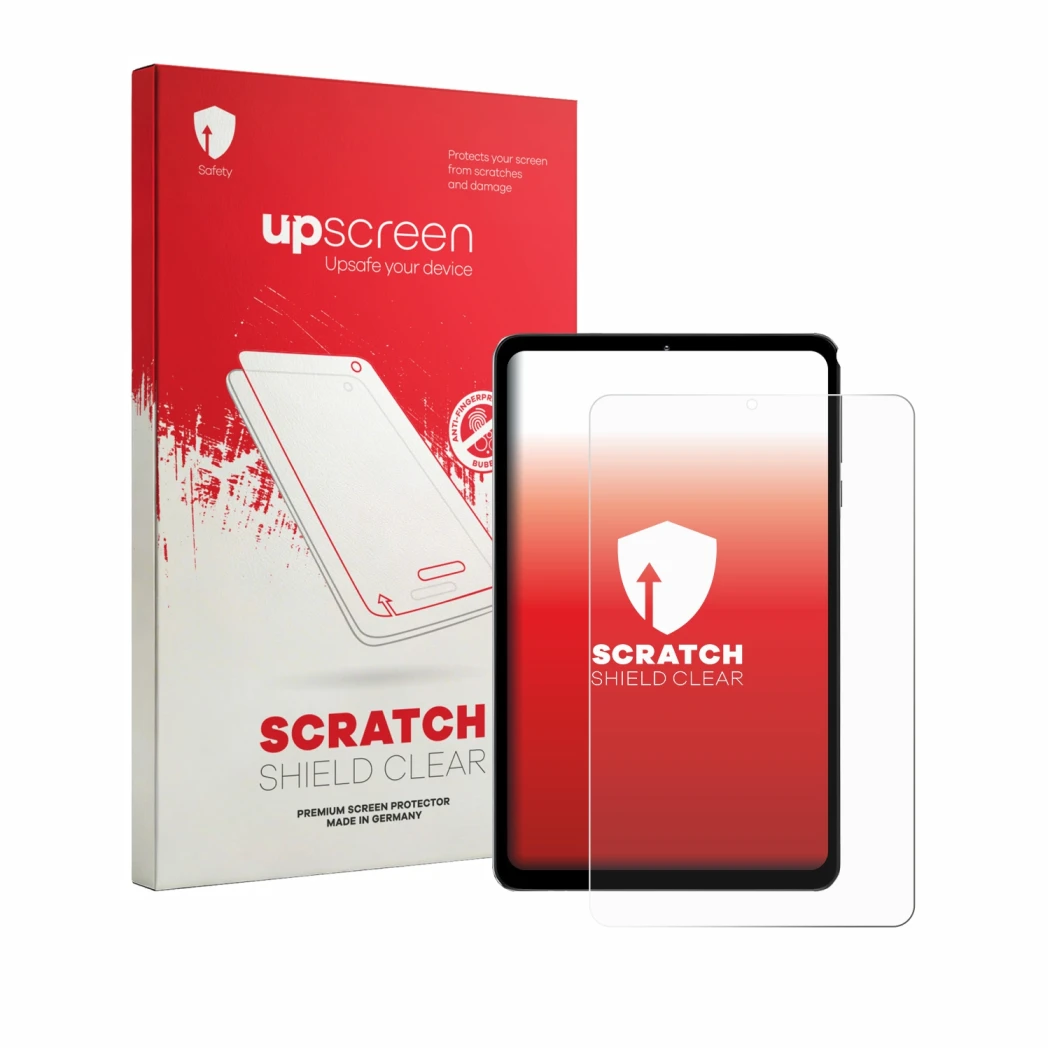 Parte frontal de un envase de producto con el logotipo de la marca upscreen. Al lado se muestra el dispositivo Headwolf FPad 6