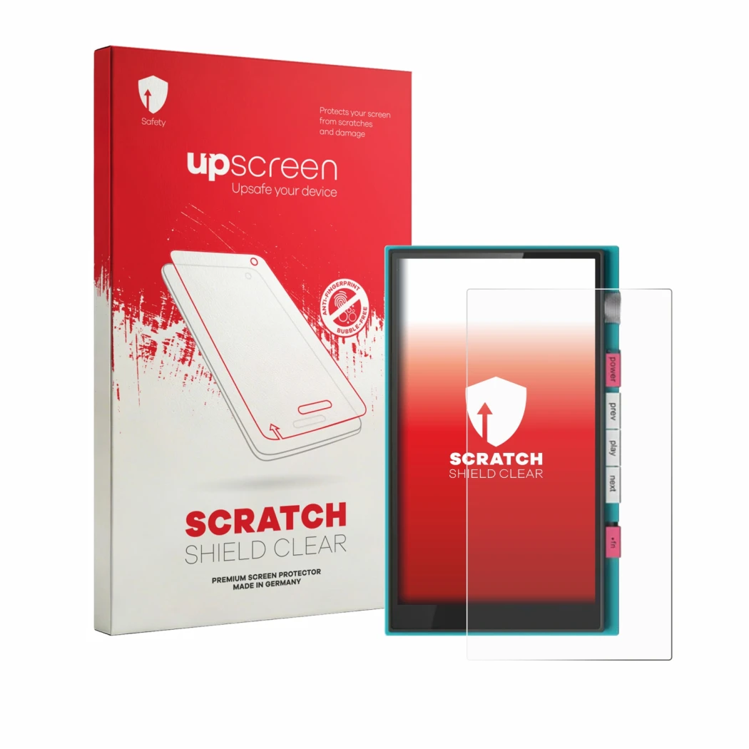 Parte frontal de un envase de producto con el logotipo de la marca upscreen. Al lado se muestra el dispositivo Hiby Digital M5