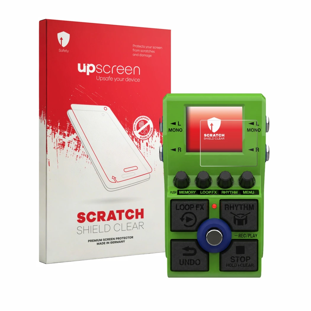 Parte frontal de un envase de producto con el logotipo de la marca upscreen. Al lado se muestra el dispositivo Zoom MS-90LP Pl
