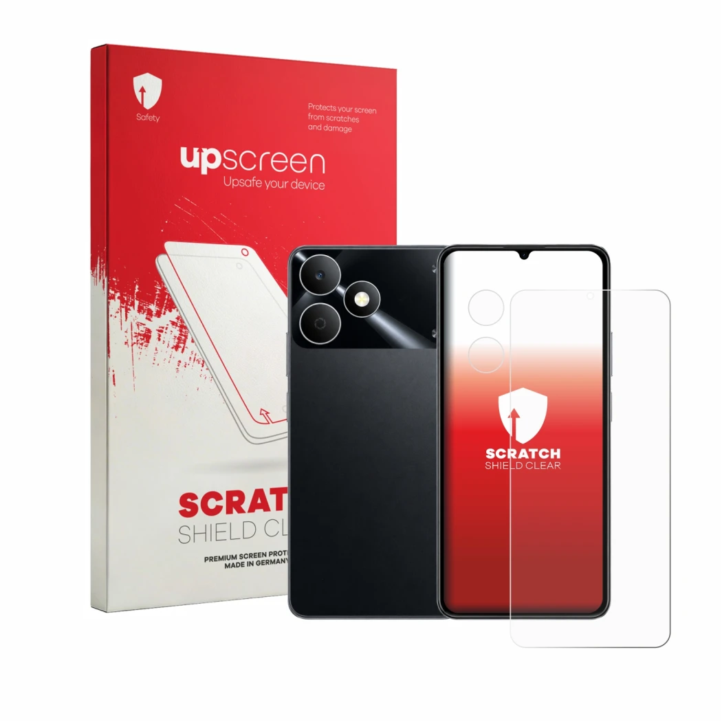 Parte frontal de un envase de producto con el logotipo de la marca upscreen. Al lado se muestra el dispositivo realme Note 80 