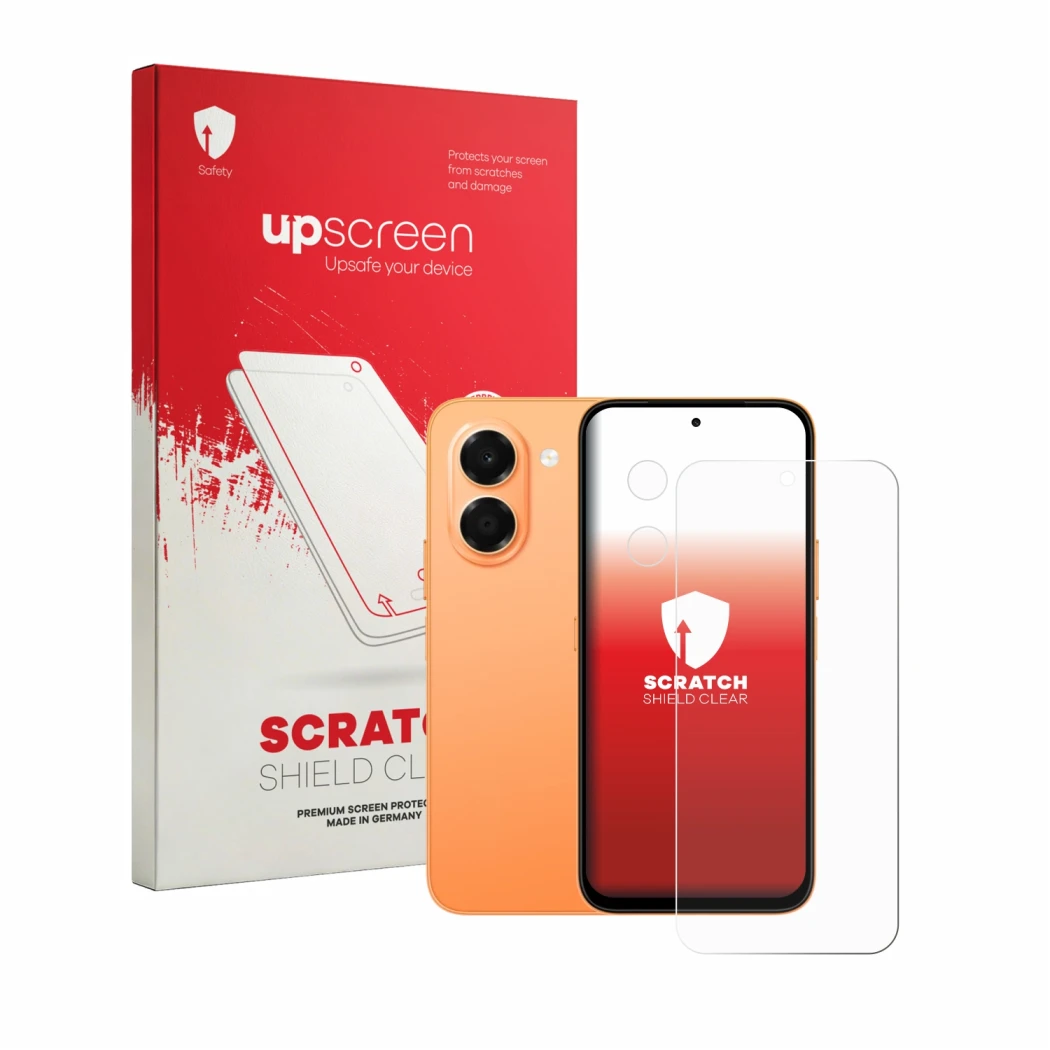 Parte frontal de un envase de producto con el logotipo de la marca upscreen. Al lado se muestra el dispositivo Honor X7e (Fron