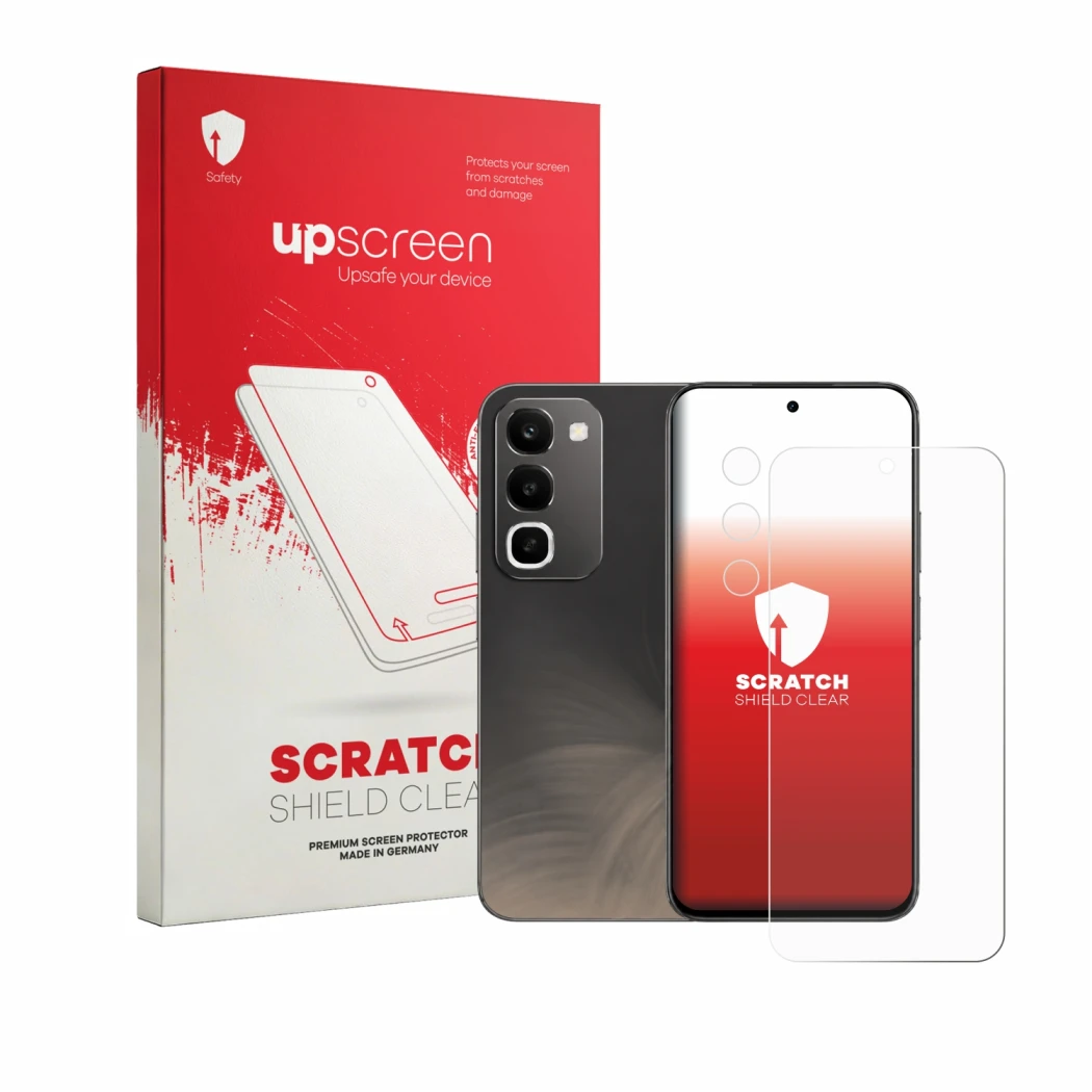 Parte frontal de un envase de producto con el logotipo de la marca upscreen. Al lado se muestra el dispositivo realme C100 4G