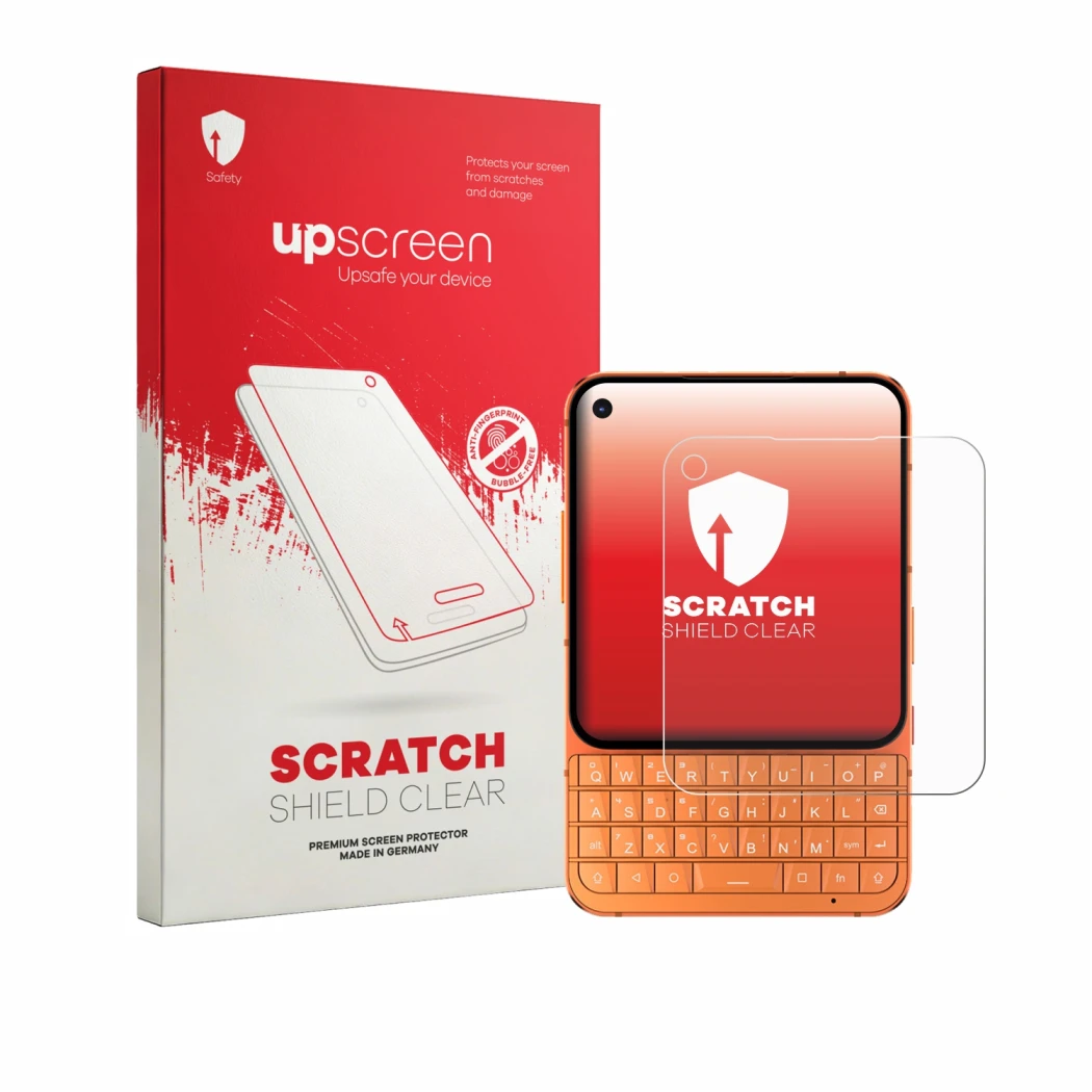 Parte frontal de un envase de producto con el logotipo de la marca upscreen. Al lado se muestra el dispositivo Unihertz Titan 