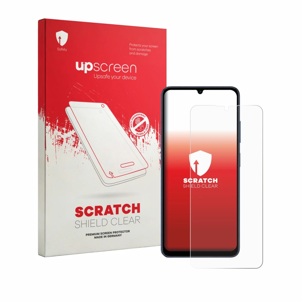 Parte frontal de un envase de producto con el logotipo de la marca upscreen. Al lado se muestra el dispositivo Lava Bold N2 5G