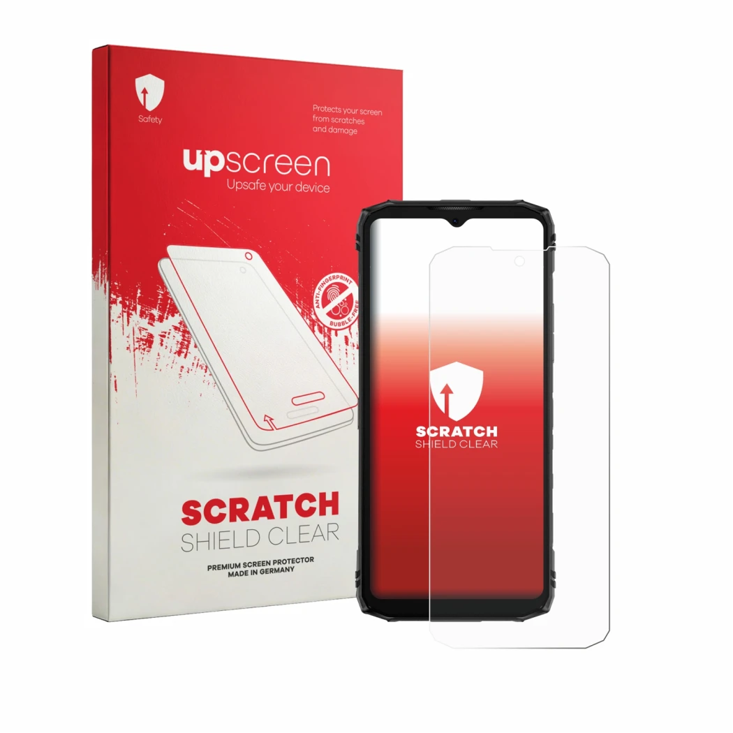 Parte frontal de un envase de producto con el logotipo de la marca upscreen. Al lado se muestra el dispositivo Doogee Blade 10