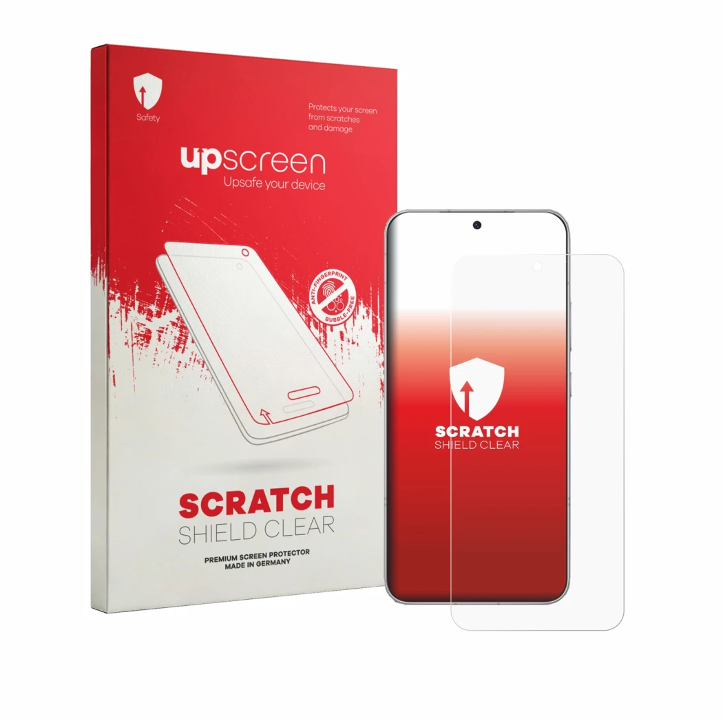 Parte frontal de un envase de producto con el logotipo de la marca upscreen. Al lado se muestra el dispositivo Honor Win Turbo