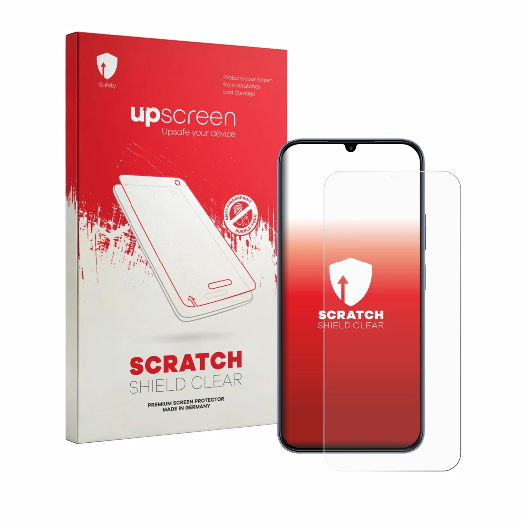 Parte frontal de un envase de producto con el logotipo de la marca upscreen. Al lado se muestra el dispositivo realme C100x co
