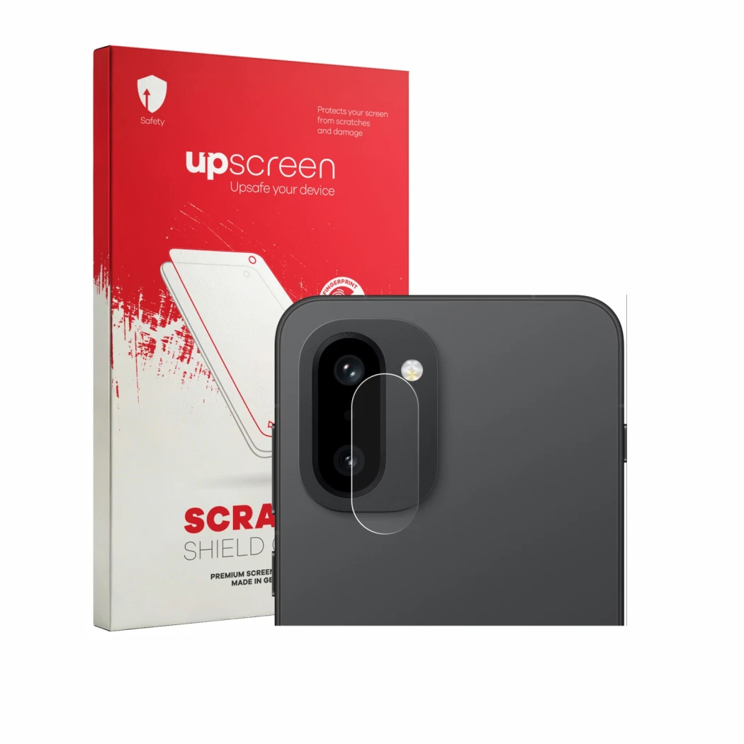 Parte frontal de un envase de producto con el logotipo de la marca upscreen. Al lado se muestra el dispositivo OnePlus 15R (SÓ
