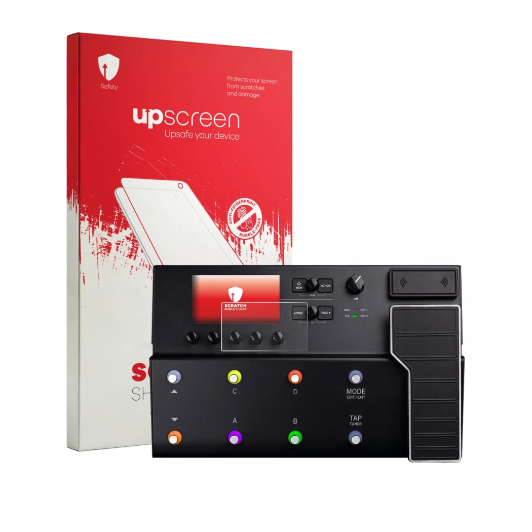 Parte frontal de un envase de producto con el logotipo de la marca upscreen. Al lado se muestra el dispositivo Line 6 POD Go W