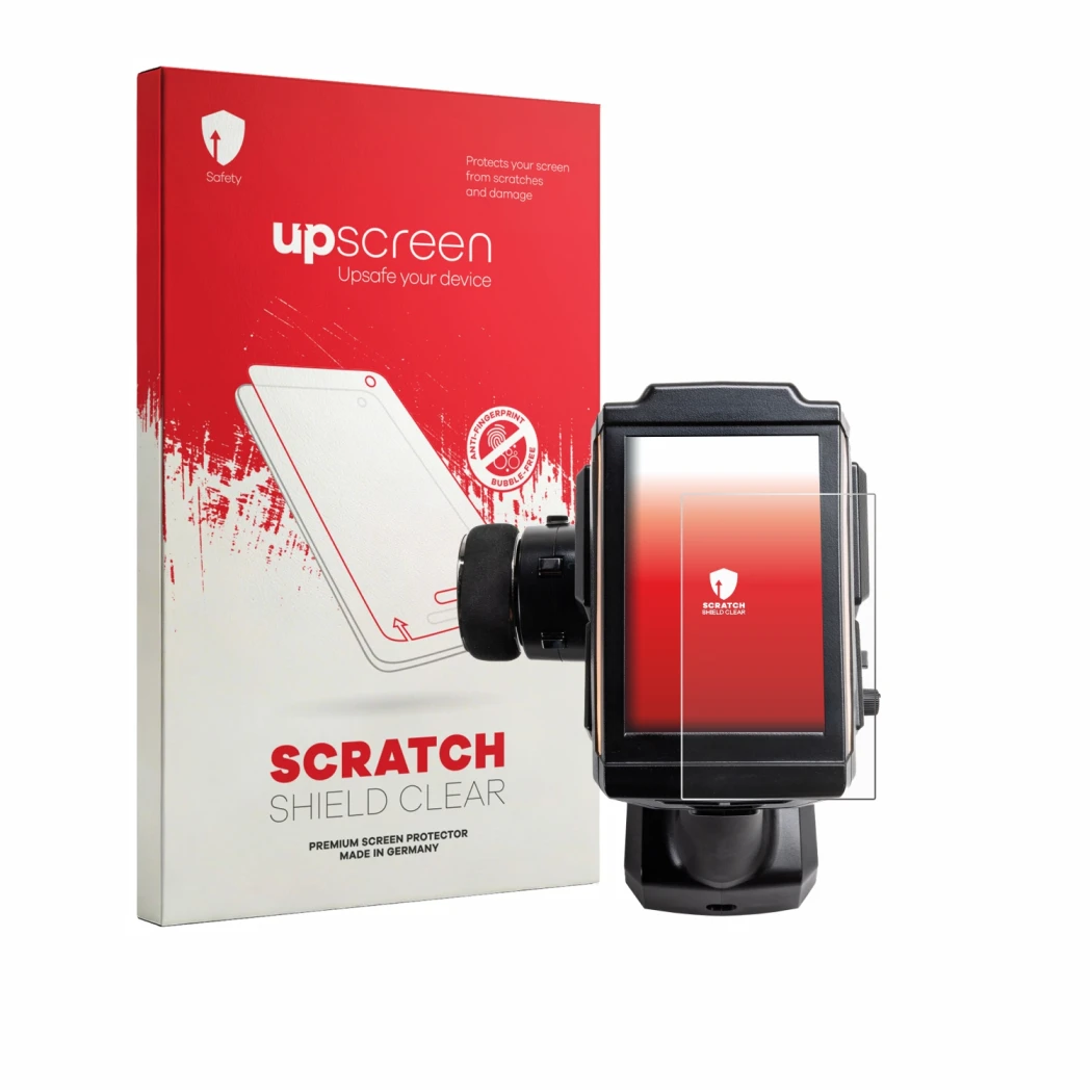 Parte frontal de un envase de producto con el logotipo de la marca upscreen. Al lado se muestra el dispositivo Spektrum iXSR P