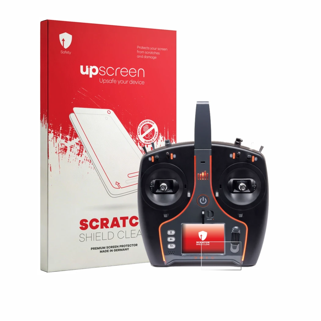 Parte frontal de un envase de producto con el logotipo de la marca upscreen. Al lado se muestra el dispositivo Spektrum NX7e P