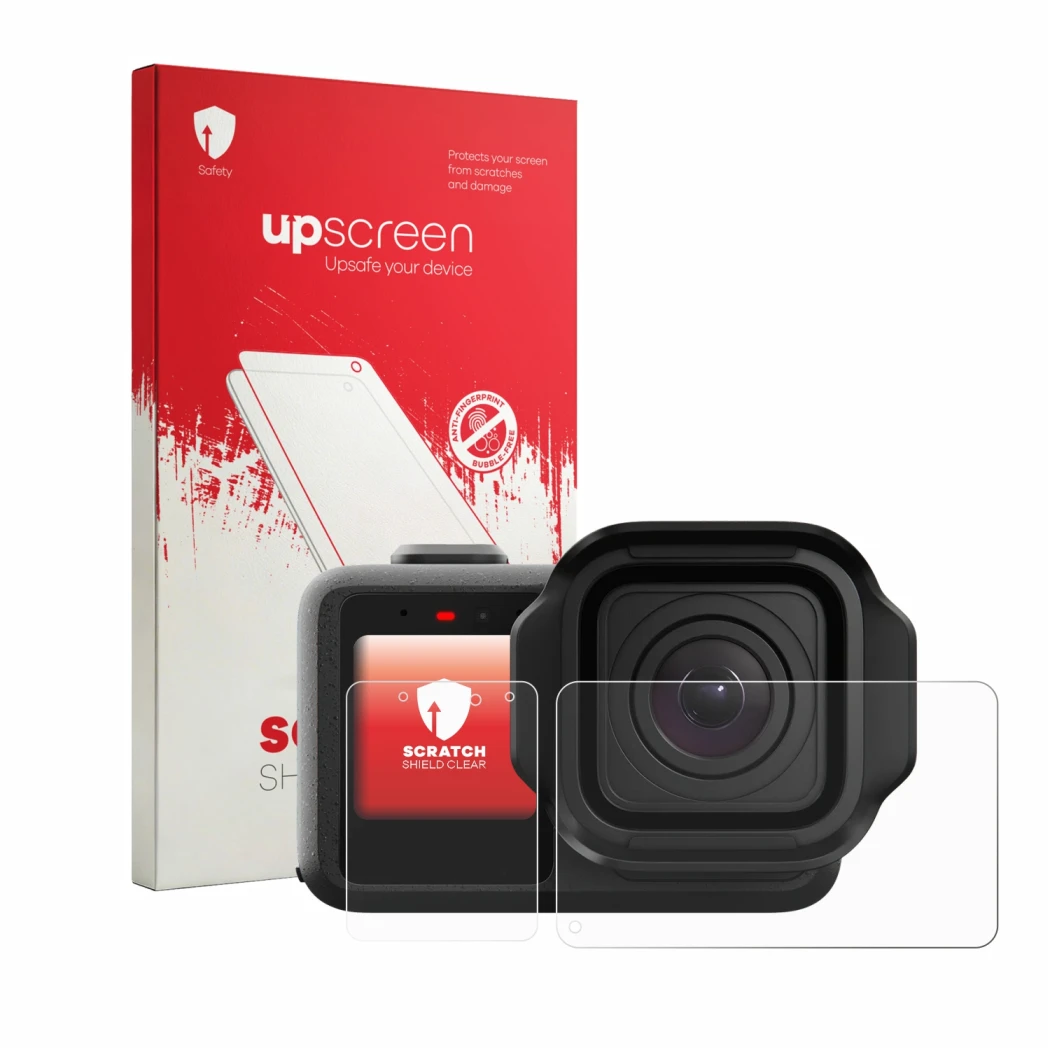 Parte frontal de un envase de producto con el logotipo de la marca upscreen. Al lado se muestra el dispositivo GoPro Mission 1