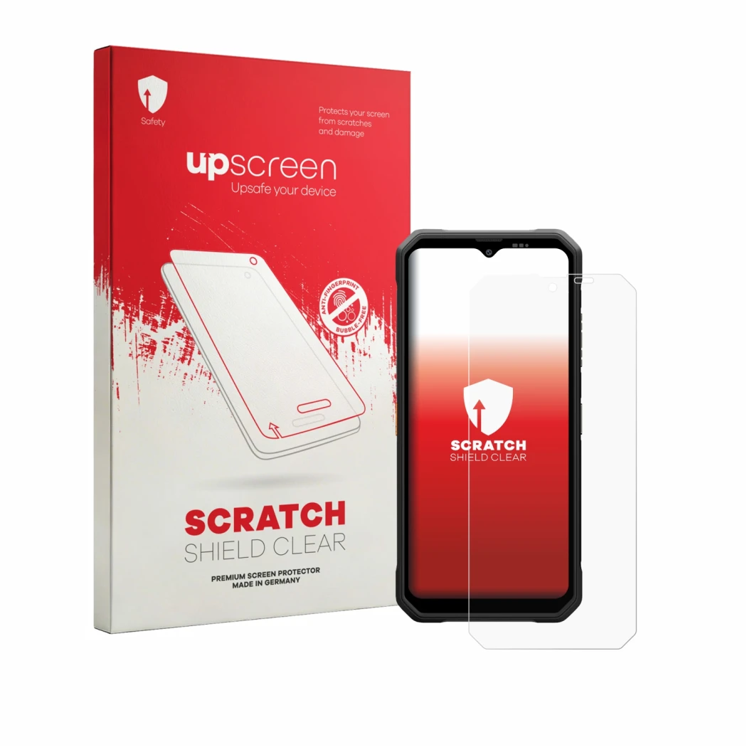 Parte frontal de un envase de producto con el logotipo de la marca upscreen. Al lado se muestra el dispositivo Blackview Fort