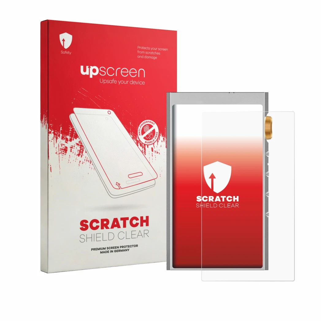 Parte frontal de un envase de producto con el logotipo de la marca upscreen. Al lado se muestra el dispositivo Hifi Walker H20