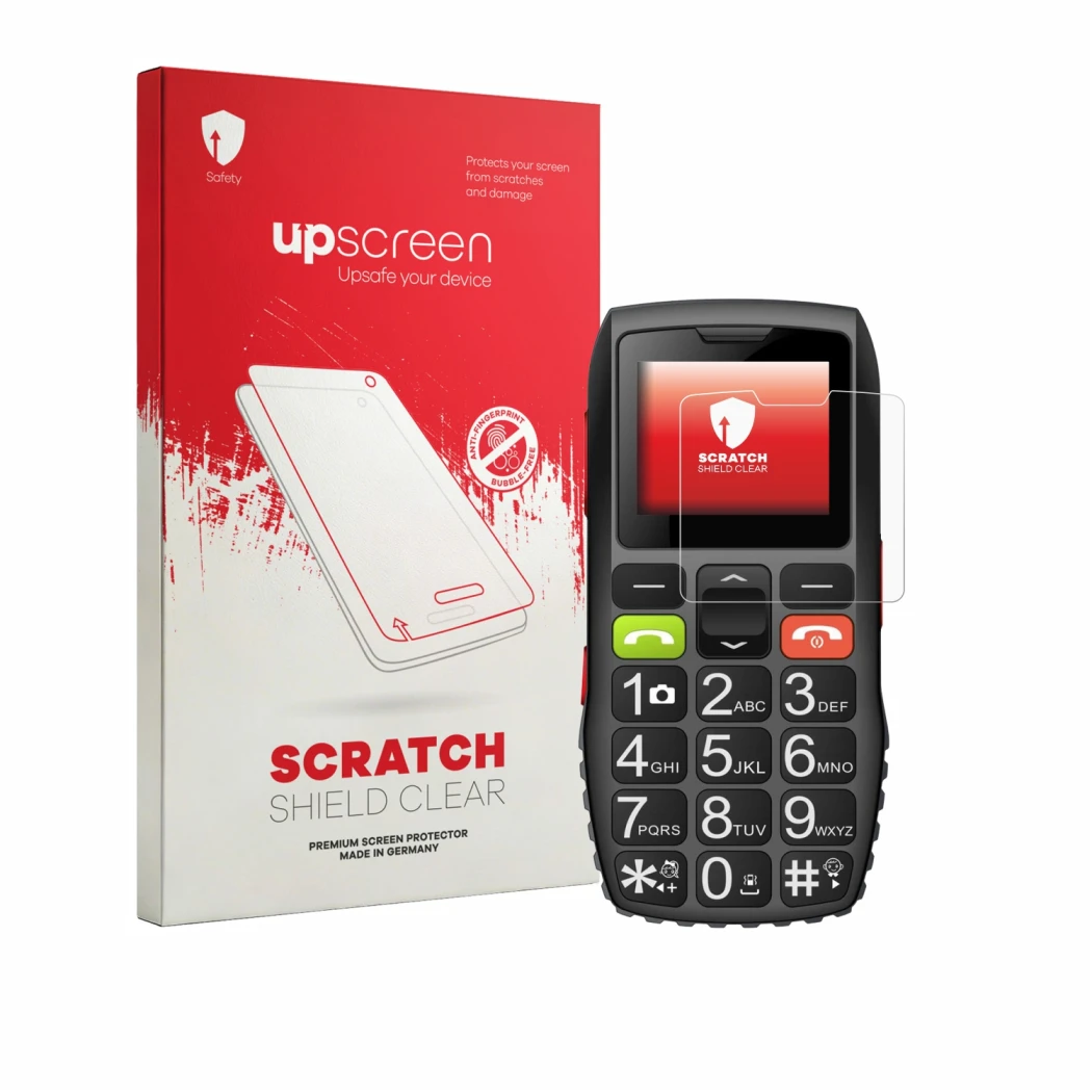 Parte frontal de un envase de producto con el logotipo de la marca upscreen. Al lado se muestra el dispositivo artfone C1 con