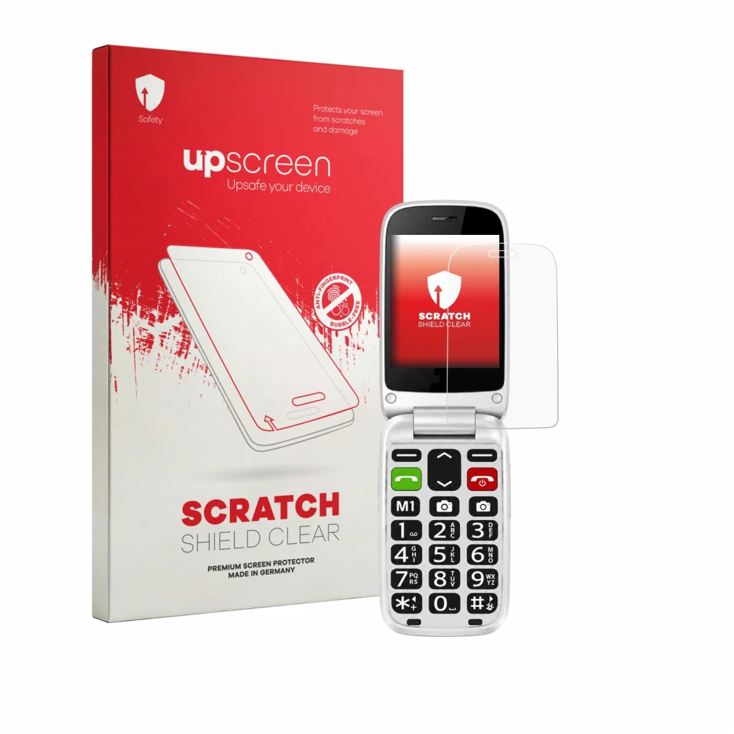 Parte frontal de un envase de producto con el logotipo de la marca upscreen. Al lado se muestra el dispositivo true S70 con su