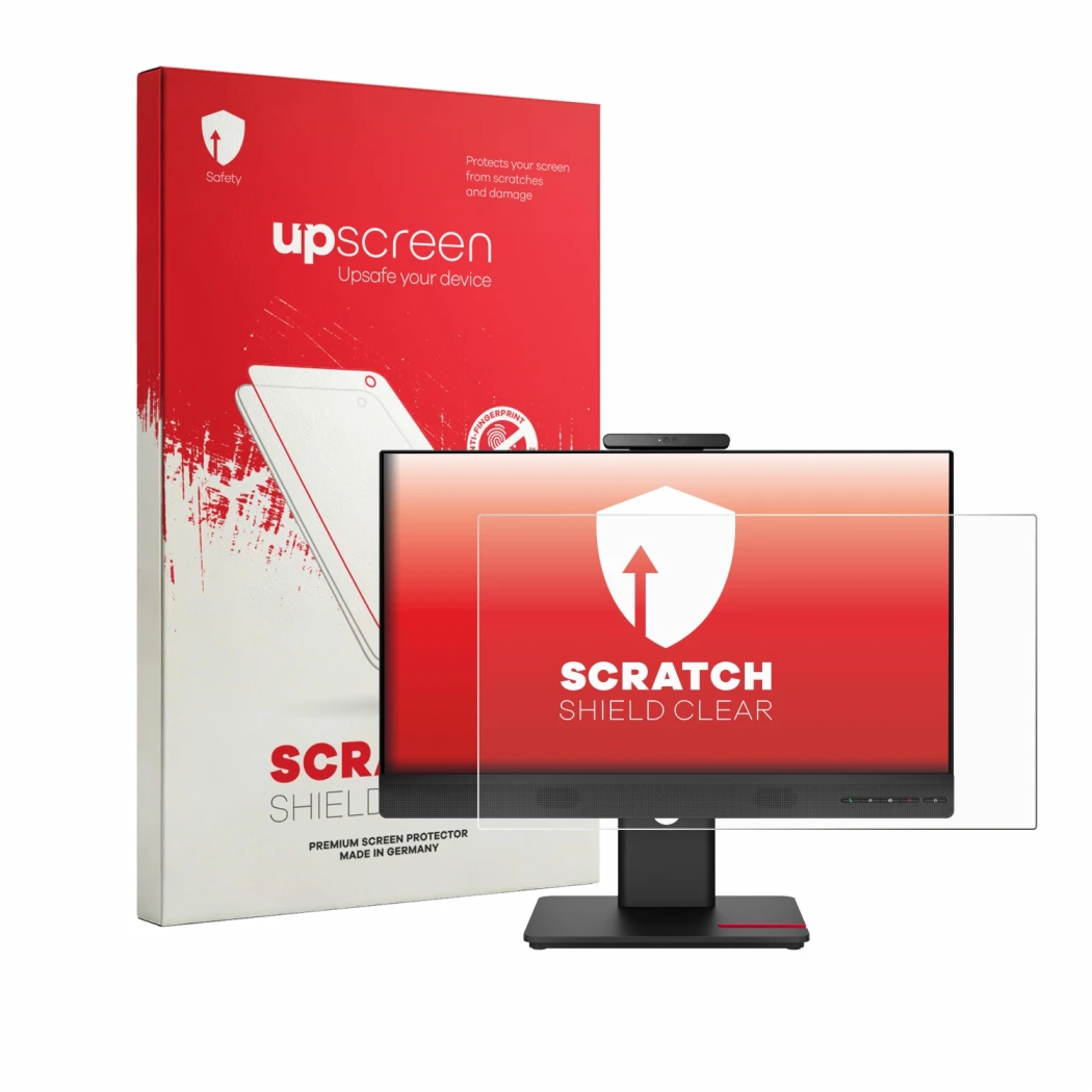 Parte frontal de un envase de producto con el logotipo de la marca upscreen. Al lado se muestra el dispositivo Lenovo ThinkCen