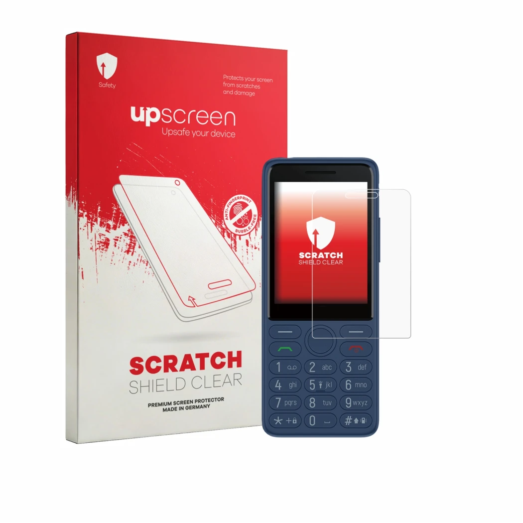 Parte frontal de un envase de producto con el logotipo de la marca upscreen. Al lado se muestra el dispositivo TCL OneTouch 40