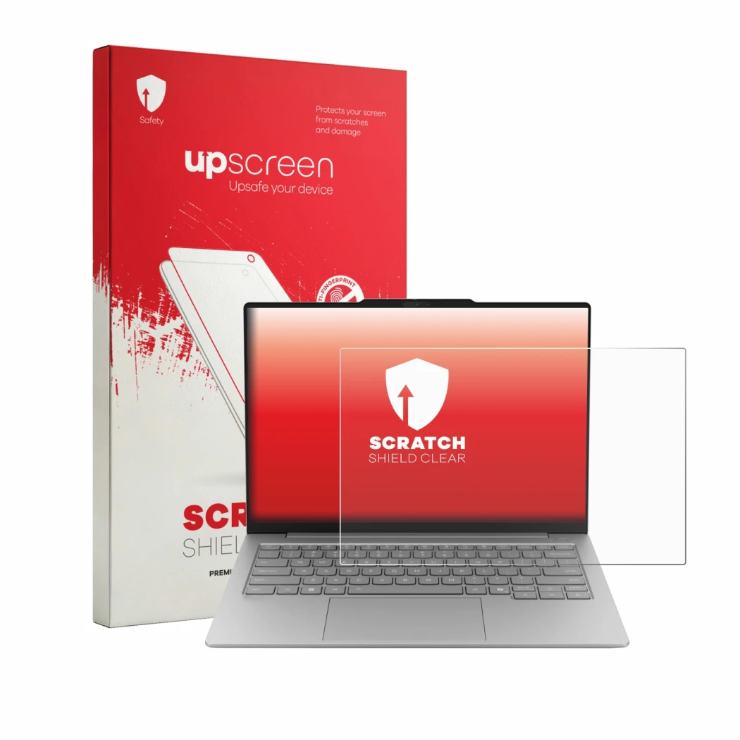 Parte frontal de un envase de producto con el logotipo de la marca upscreen. Al lado se muestra el dispositivo Lenovo ThinkBoo