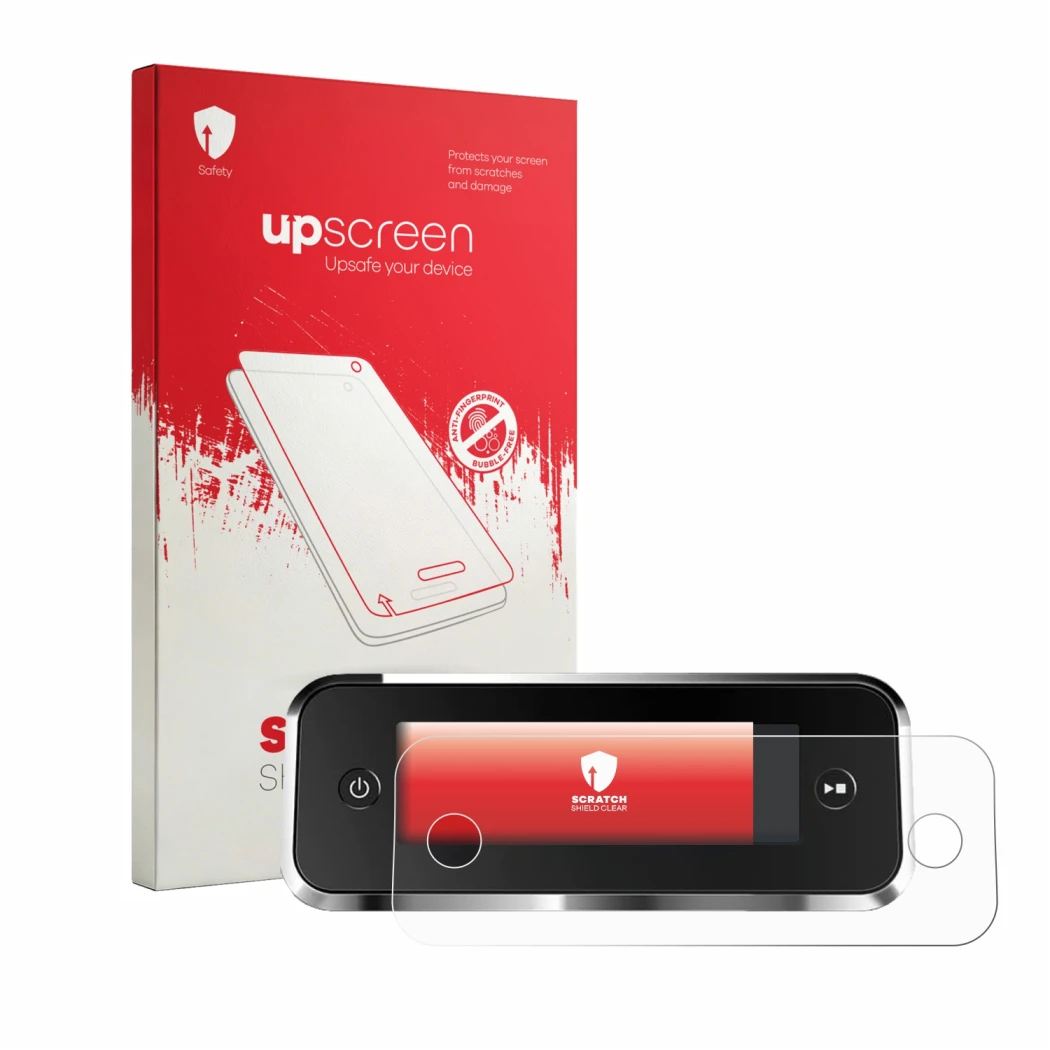 Parte frontal de un envase de producto con el logotipo de la marca upscreen. Al lado se muestra el dispositivo Philips Series