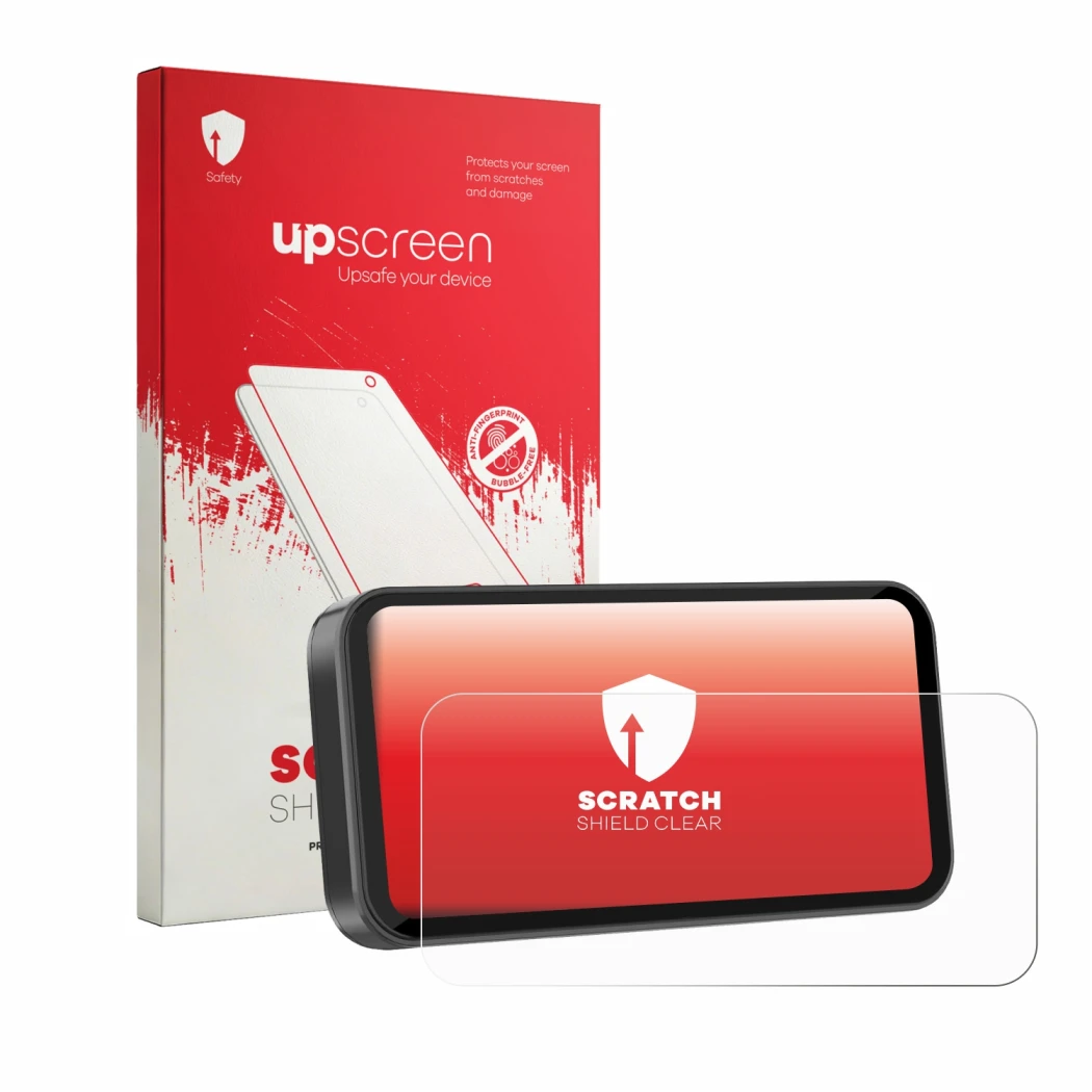 Parte frontal de un envase de producto con el logotipo de la marca upscreen. Al lado se muestra el dispositivo Carpuride 603 6