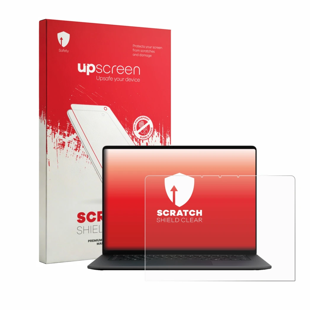 Parte frontal de un envase de producto con el logotipo de la marca upscreen. Al lado se muestra el dispositivo Microsoft Surfa