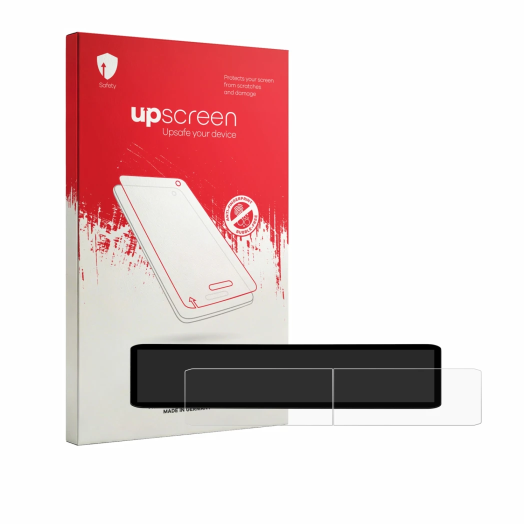 Parte frontal de un envase de producto con el logotipo de la marca upscreen. Al lado se muestra el dispositivo Kia EV2 2026 cc