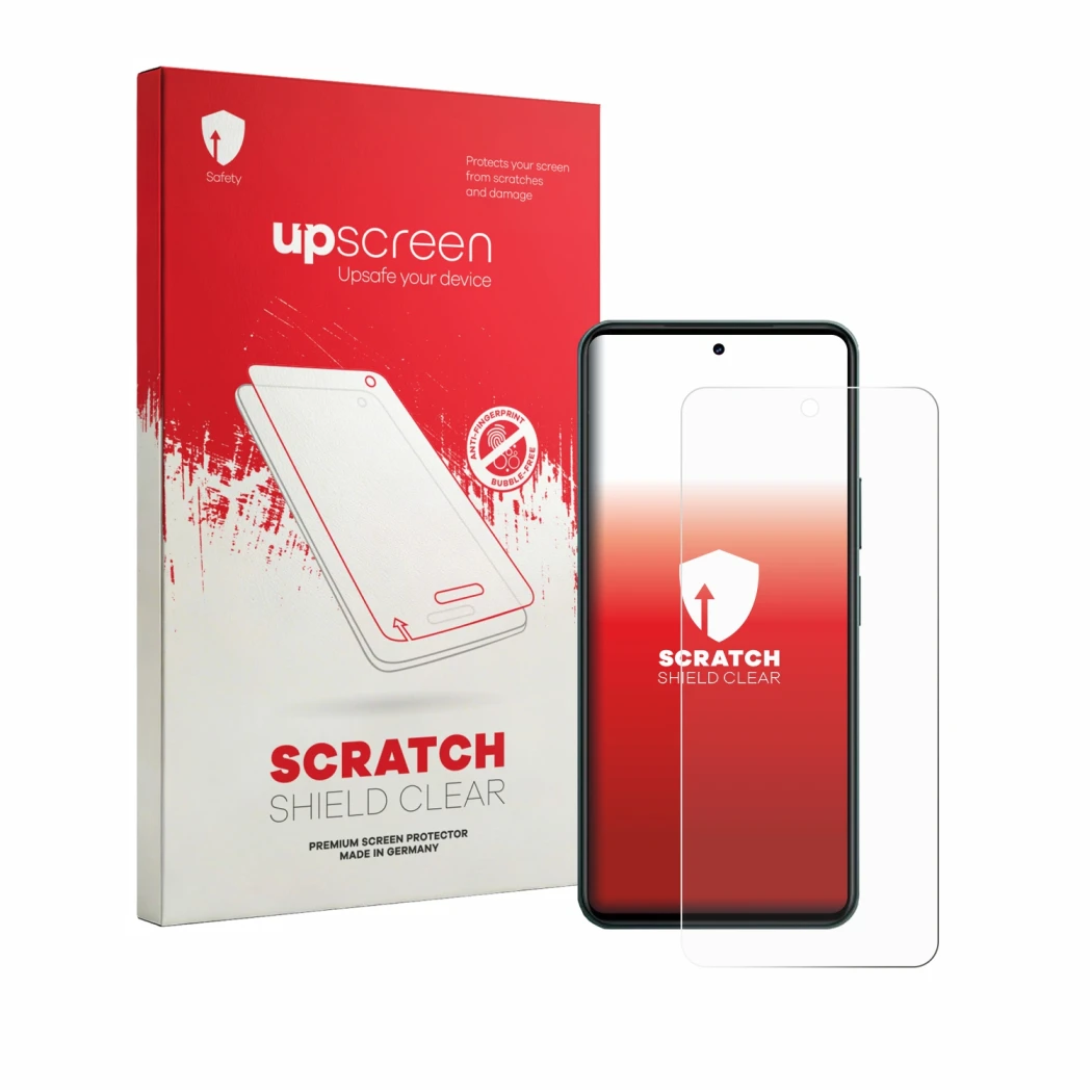 Parte frontal de un envase de producto con el logotipo de la marca upscreen. Al lado se muestra el dispositivo Vivo Y21d con s