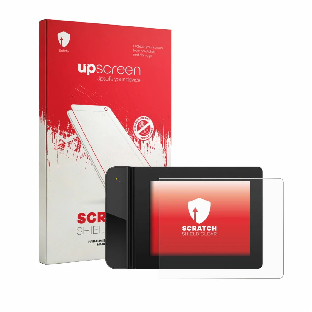 Parte frontal de un envase de producto con el logotipo de la marca upscreen. Al lado se muestra el dispositivo XP-PEN Star G43