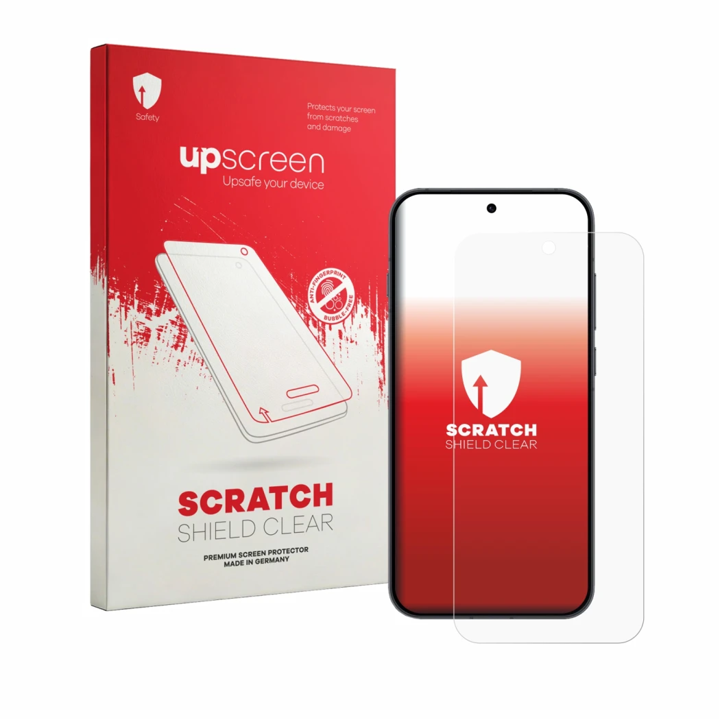 Parte frontal de un envase de producto con el logotipo de la marca upscreen. Al lado se muestra el dispositivo Oppo Reno 16 FS