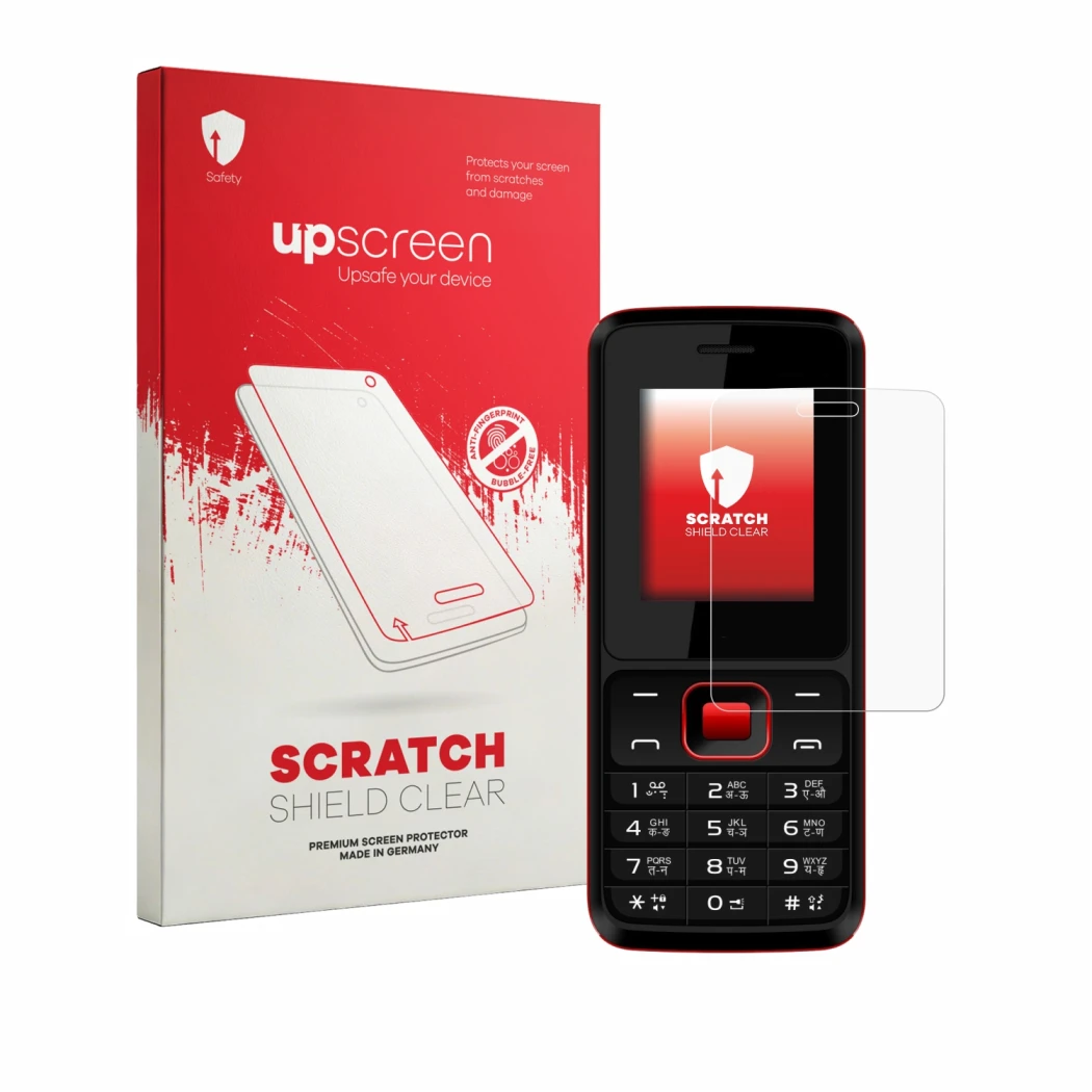 Parte frontal de un envase de producto con el logotipo de la marca upscreen. Al lado se muestra el dispositivo Karbonn K19 Roc