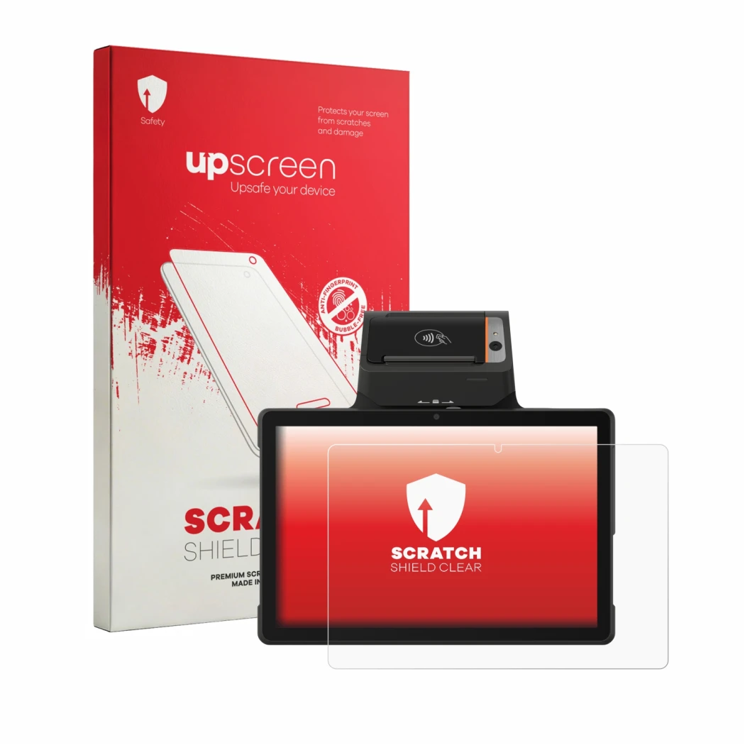 Parte frontal de un envase de producto con el logotipo de la marca upscreen. Al lado se muestra el dispositivo Sunmi P3 Mix 58