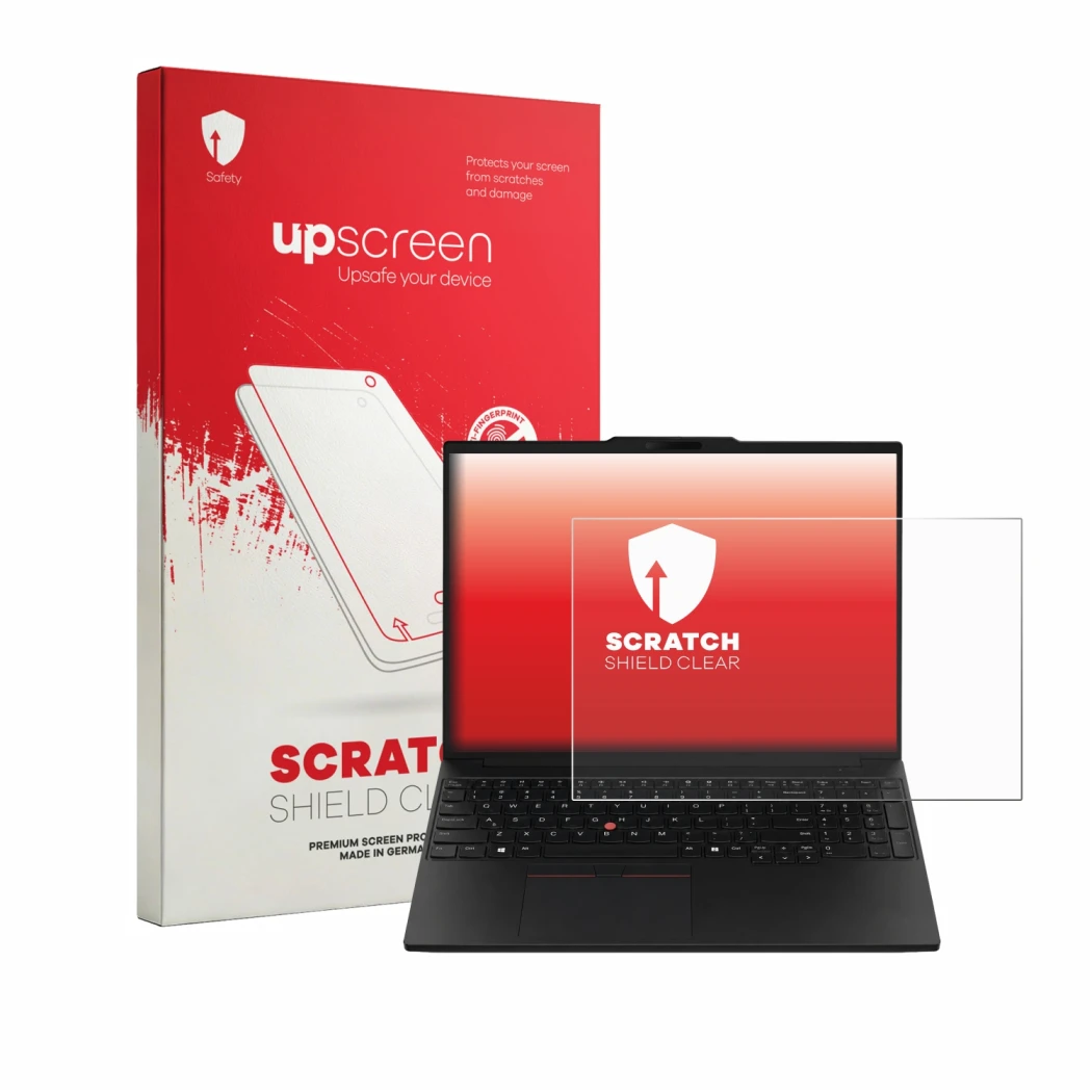 Parte frontal de un envase de producto con el logotipo de la marca upscreen. Al lado se muestra el dispositivo Lenovo ThinkPad
