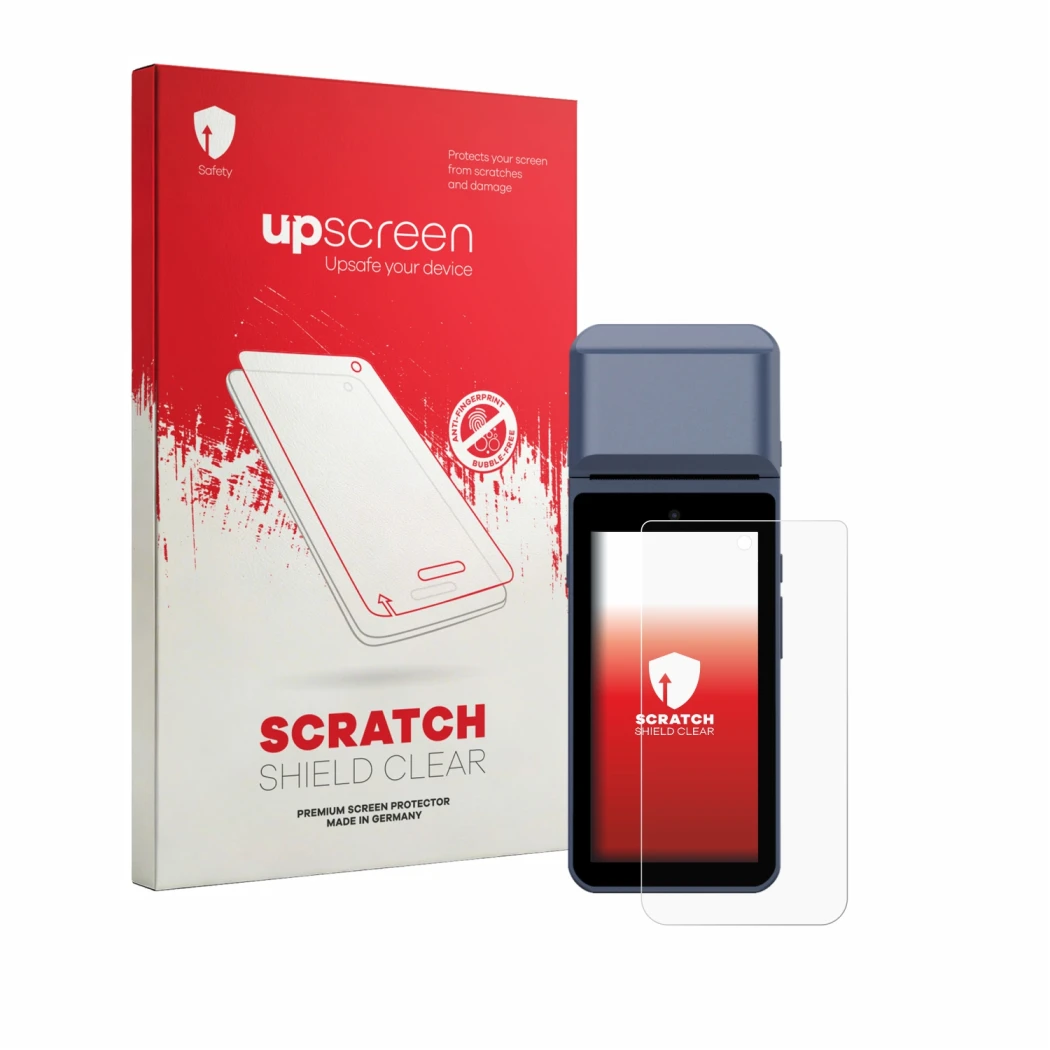 Parte frontal de un envase de producto con el logotipo de la marca upscreen. Al lado se muestra el dispositivo Pax M9200 con s