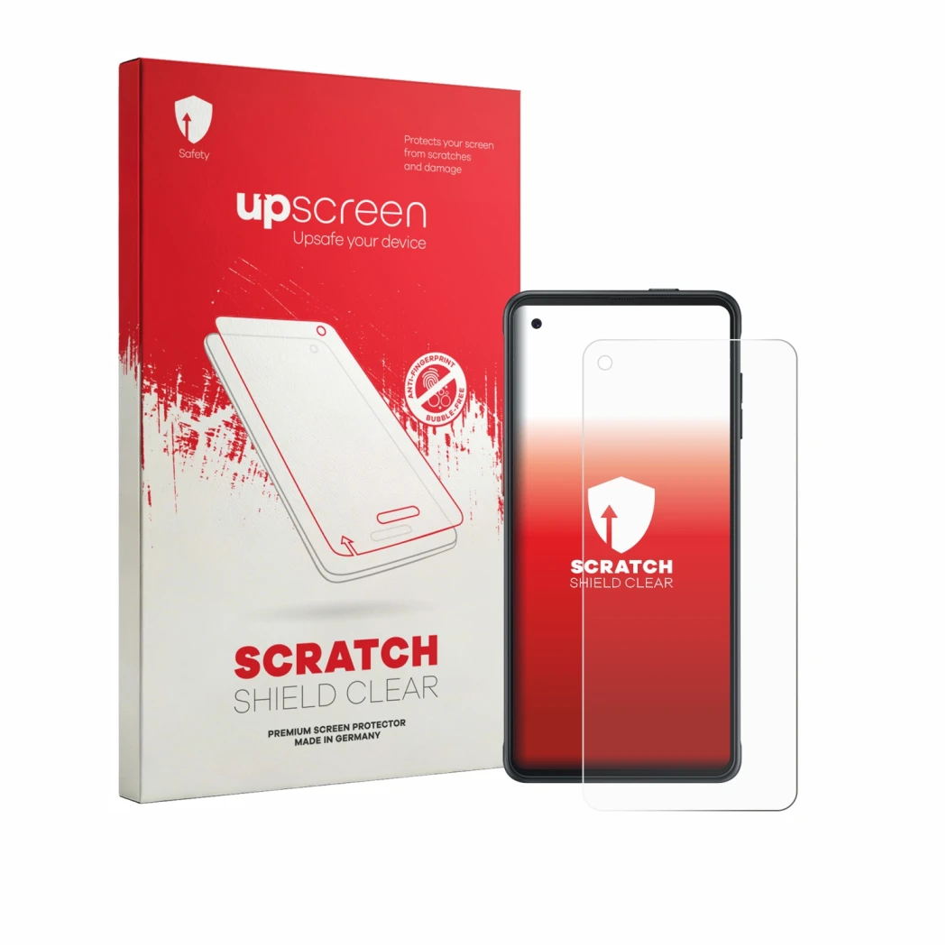 Parte frontal de un envase de producto con el logotipo de la marca upscreen. Al lado se muestra el dispositivo Samsung Galaxy