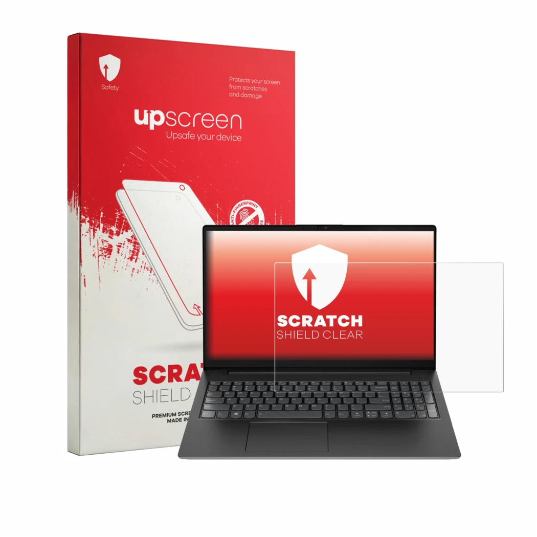 Parte frontal de un envase de producto con el logotipo de la marca upscreen. Al lado se muestra el dispositivo Lenovo V15 7915
